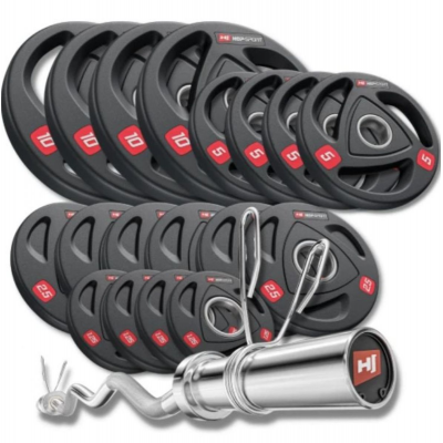 Набір олімпійських дисків Hop-Sport PRO 90 кг з W-подібним грифом, Чорний