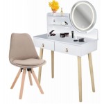 Туалетный столик Jumi Scandi LED + кресло Saida бежевый (кожаные ручки)