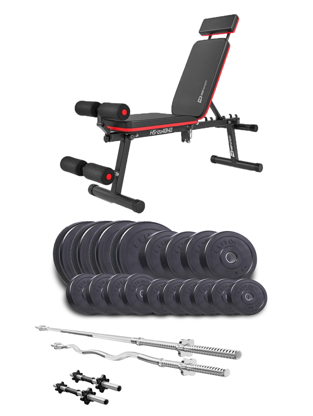 Набір Elitum Titan 95 кг з лавою HS-2040 HB, штангами та гантелями