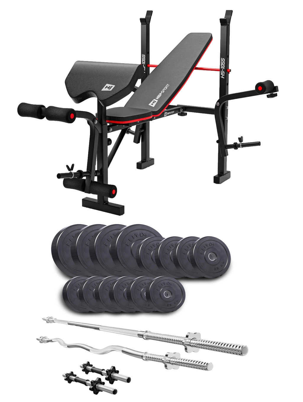 Набор Elitum Titan 55 кг со скамьей HS-1055 Pro, штангами и гантелями