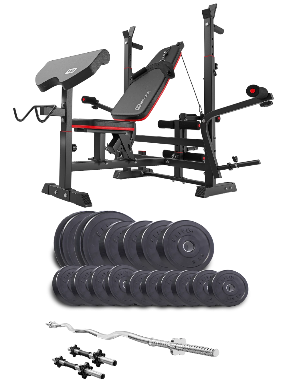 Набір Elitum Titan 66 кг з лавою HS-1075 Pro, штангою та гантелями