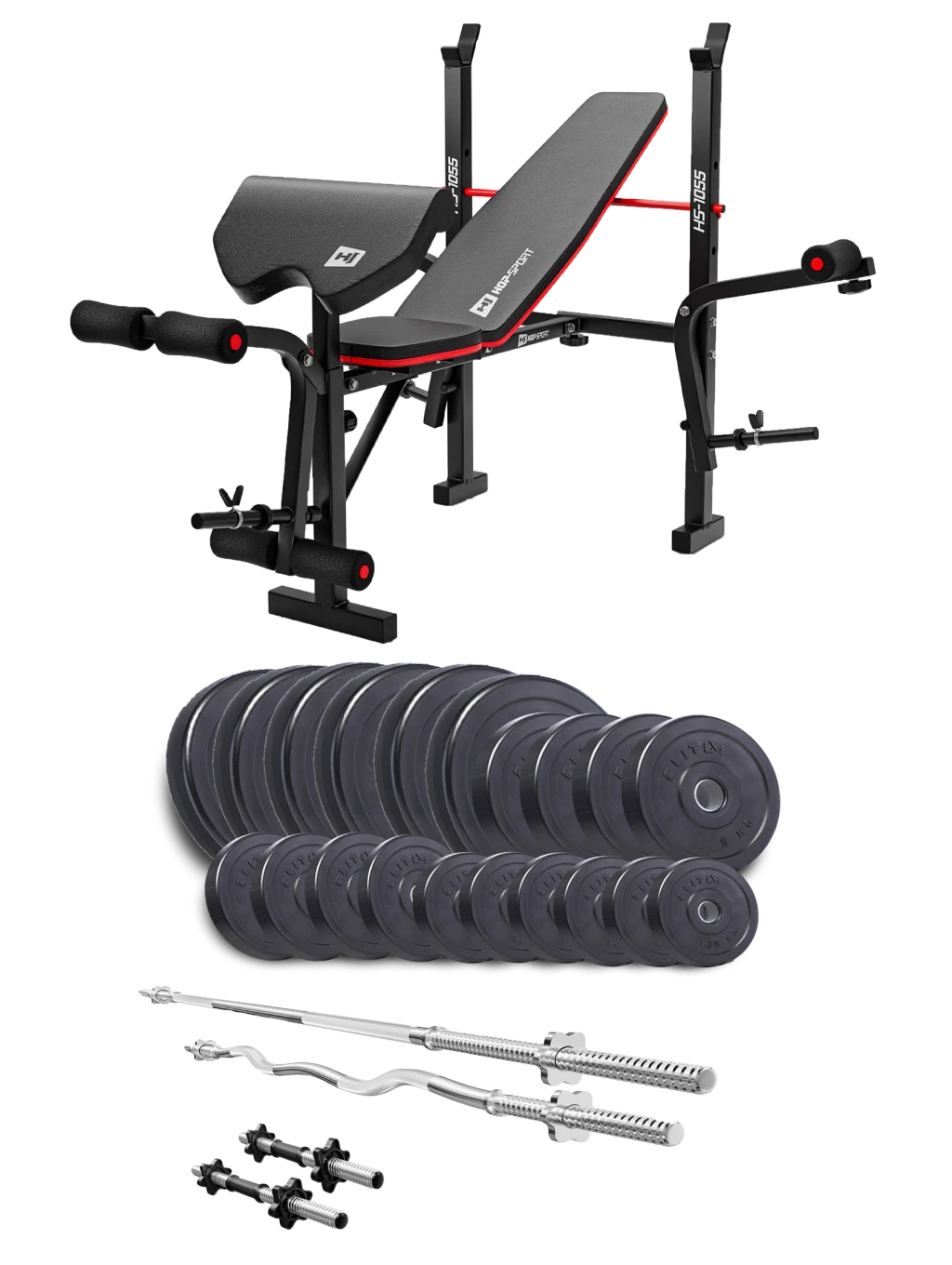 Набір Elitum Titan 115 кг з лавою HS-1055 Pro, штангами та гантелями