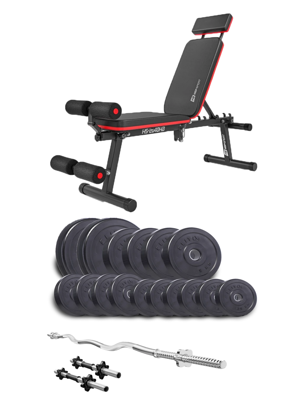 Набір Elitum Titan 66 кг з лавою HS-2040 HB, штангою та гантелями