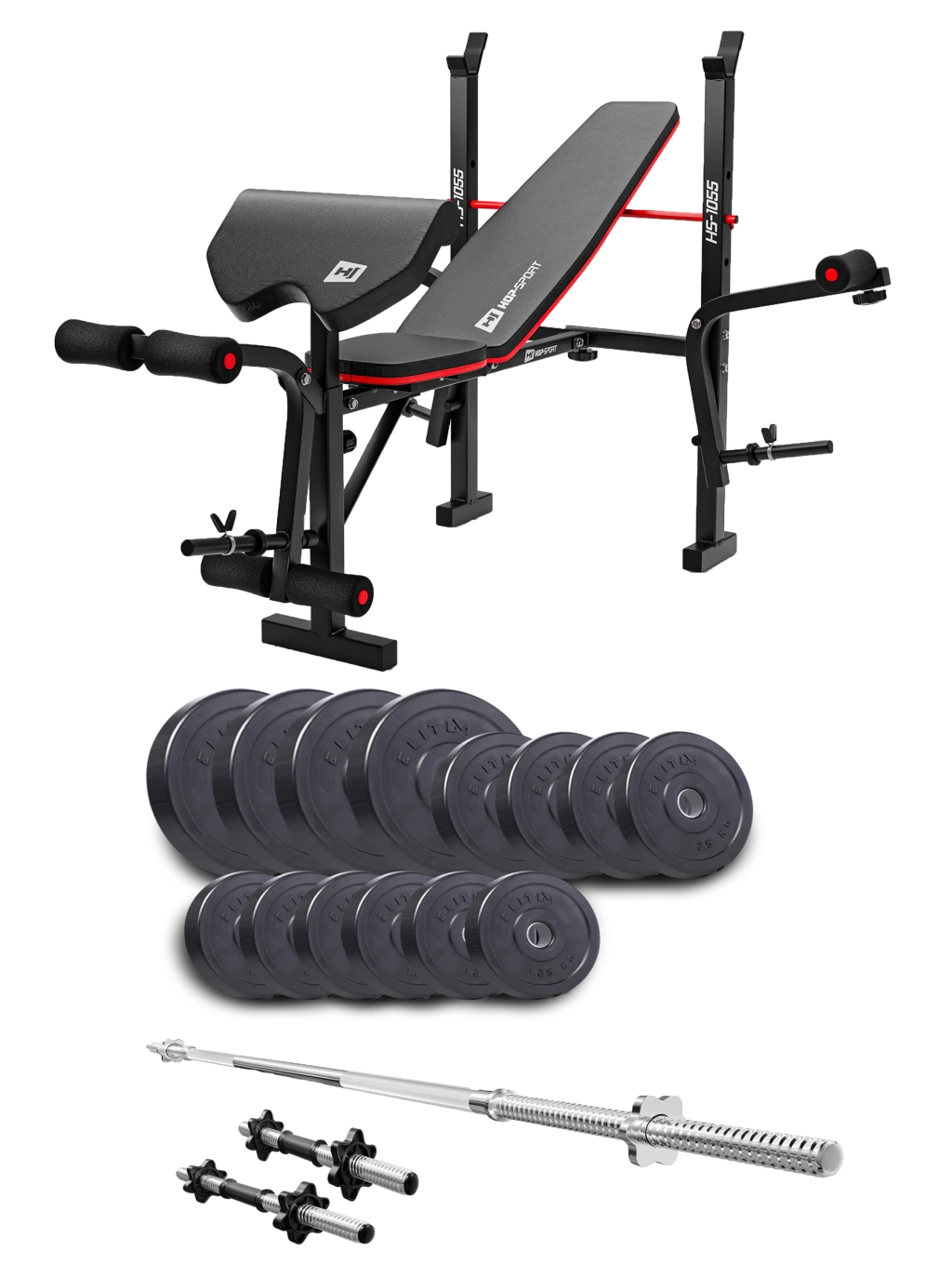 Набір Elitum Titan 48 кг з лавою HS-1055 Pro, штангою та гантелями