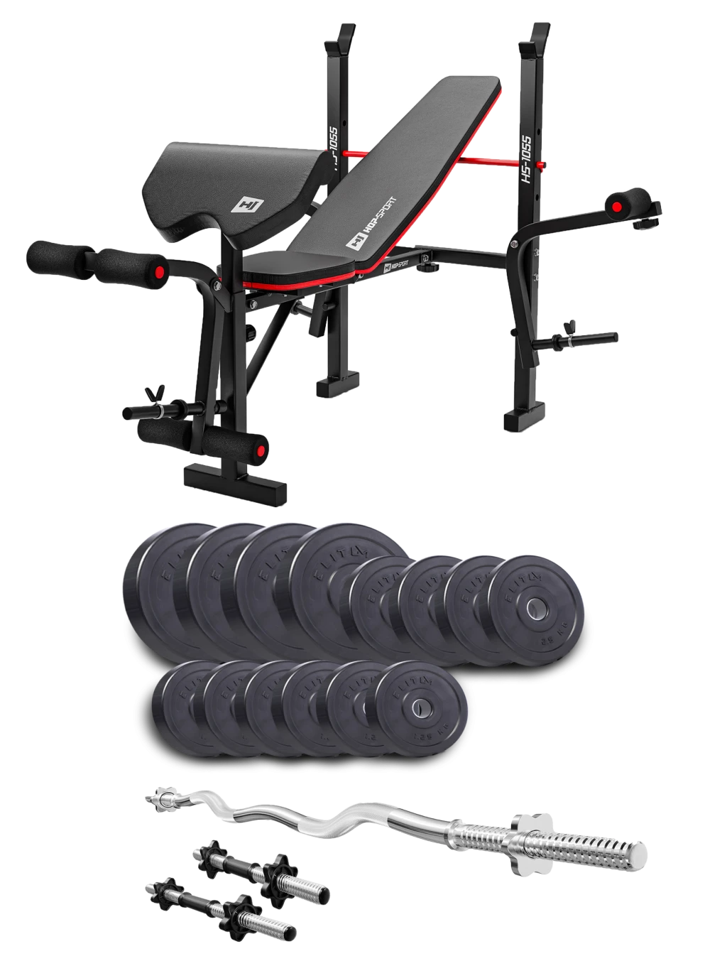 Набір Elitum Titan 46 кг з лавою HS-1055 Pro, штангою та гантелями