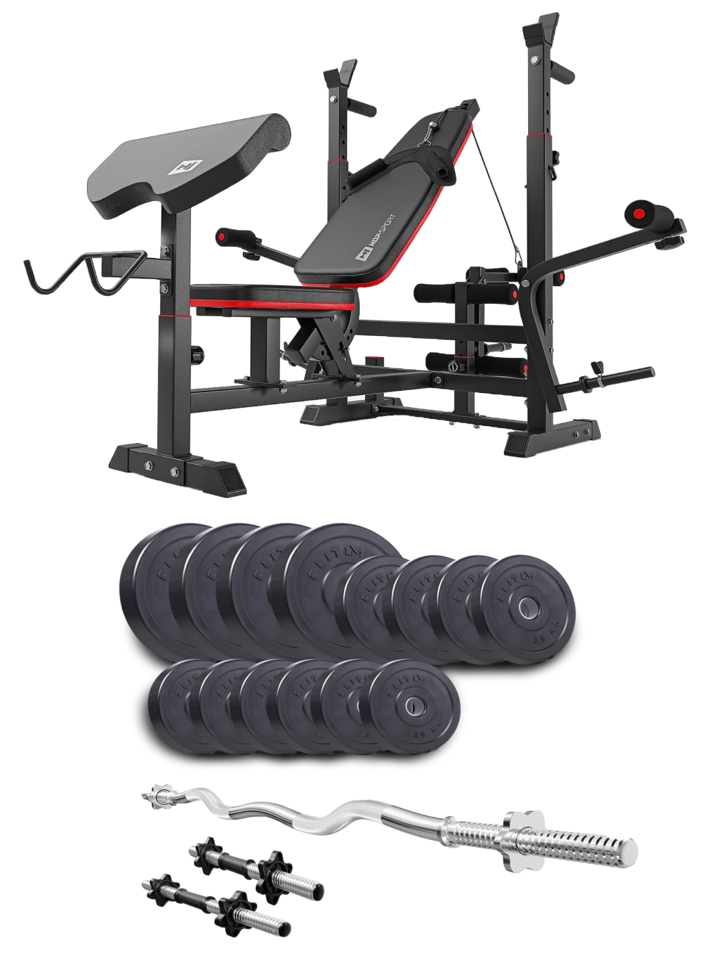 Набір Elitum Titan 46 кг з лавою HS-1075 Pro, штангою та гантелями